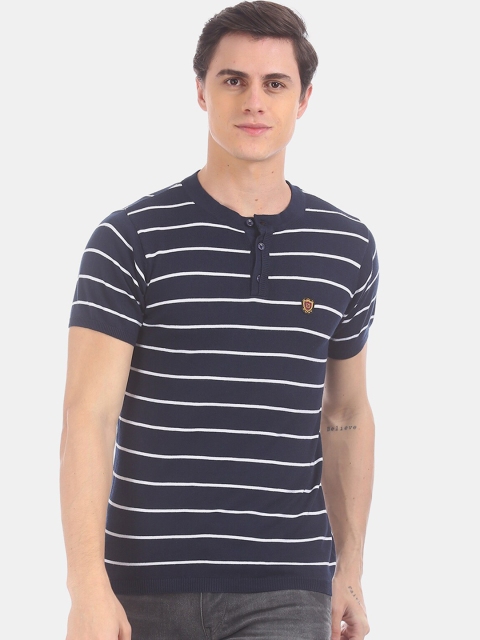 

True Blue Men Blue Striped Henley Neck T-shirt