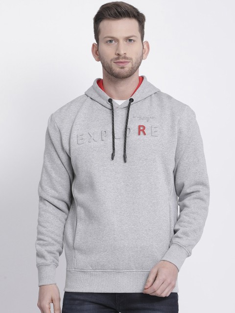 

t-base Men Grey Printed Hooded Sweatshirt