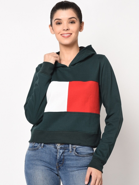 

ELEGANCE Women Green & Red Colourblocked Hooded Sweatshirt
