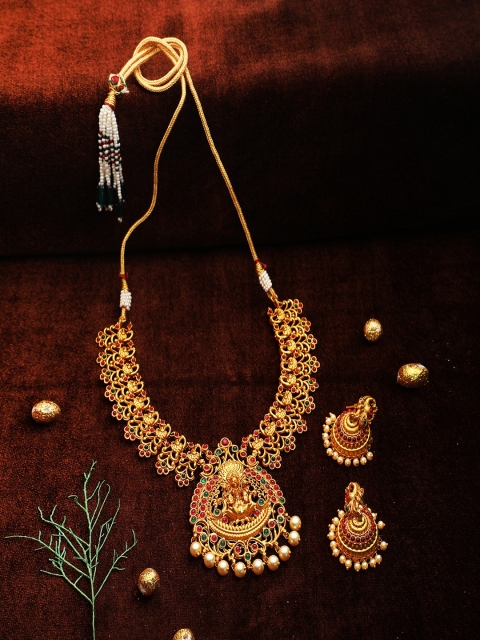 

Adwitiya Collection 24CT Gold-Plated & Pink Stone-Studded Temple Antique Jewellery Set