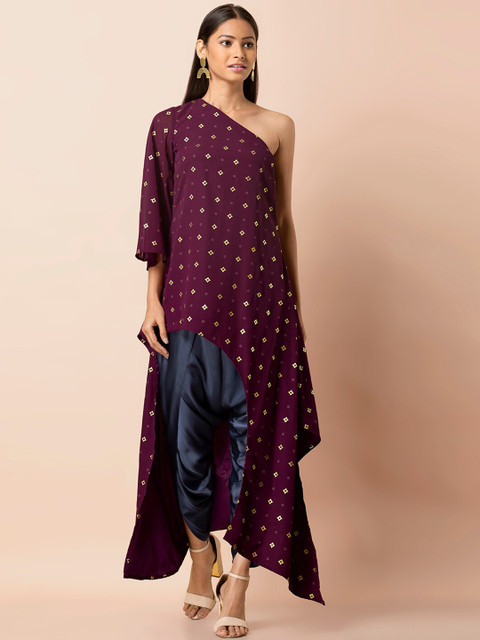 

INDYA Women's Purple & Gold-Toned Printed Asymmetric Tunic