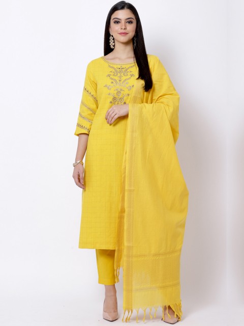 

Biba Women Yellow Embroidered Kurta with Trousers & Dupatta