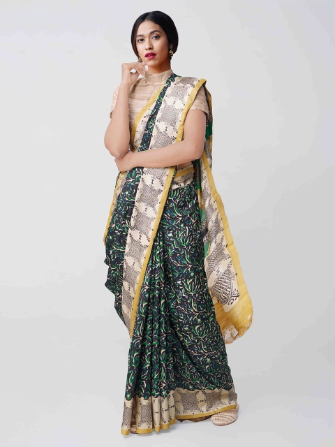 

Unnati Silks Women Black & Green Pure Handloom Tussar Silk Saree