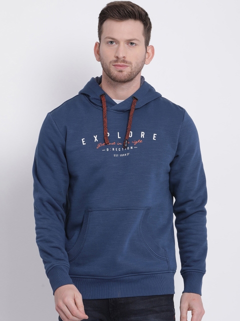 t-base Men Navy Blue Printed Hooded Sweatshirt