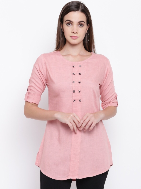 

RIVI Women Pink Solid Roll-Up Sleeves Longline Top