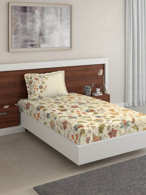 

DDecor Beige Floral 140 TC Cotton 1 Single Bedsheet with 1 Pillow Covers
