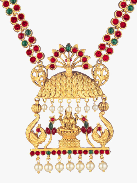 

Adwitiya Collection Gold-Plated & Pink Stone-Studded Temple Antique Jewellery Set