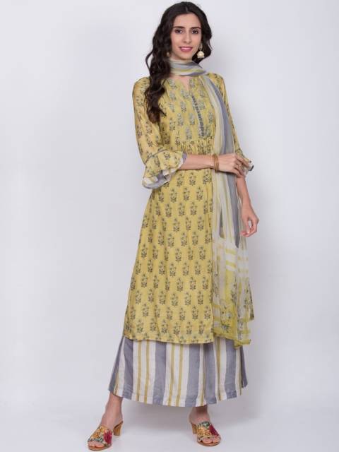 

Biba Women Mustard Yellow Floral Printed Regular Kurti with Palazzos & With Dupatta
