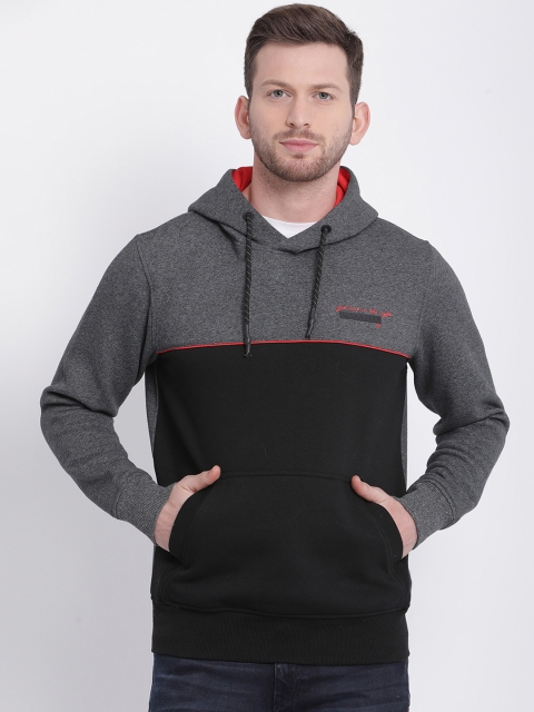 

t-base Men Black & Grey Colourblocked Hooded Sweatshirt