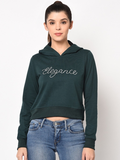 

ELEGANCE Women Green Embroidered Hooded Crop Sweatshirt