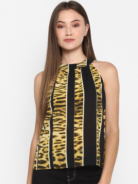 

FOSH Women Black & Yellow Animal Print Top