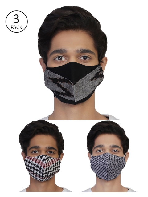 

Anekaant Men Pack Of 3 Printed 3-Ply Reusable Cloth Masks, Black