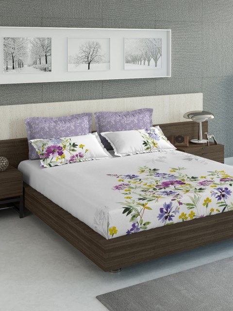 

DDecor White & Purple Floral 160 TC Cotton 1 King Bedsheet with 4 Pillow Covers