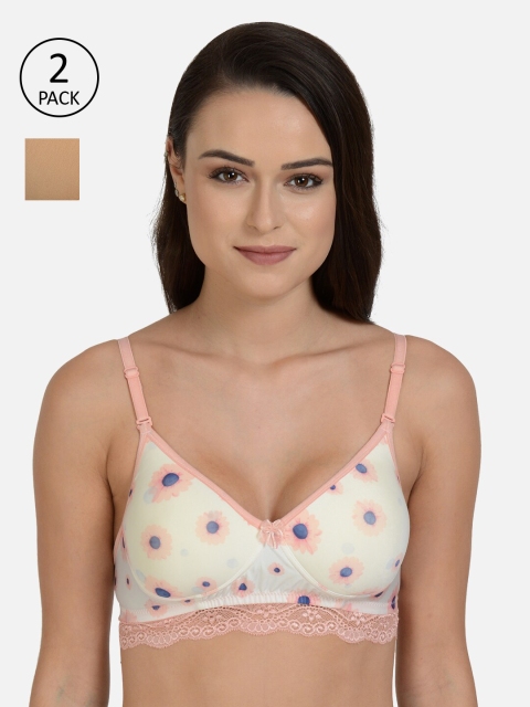 

mod & shy Pack of 2 Beige & Cream-Coloured Printed Non-Wired Lightly Padded T-shirt Bras