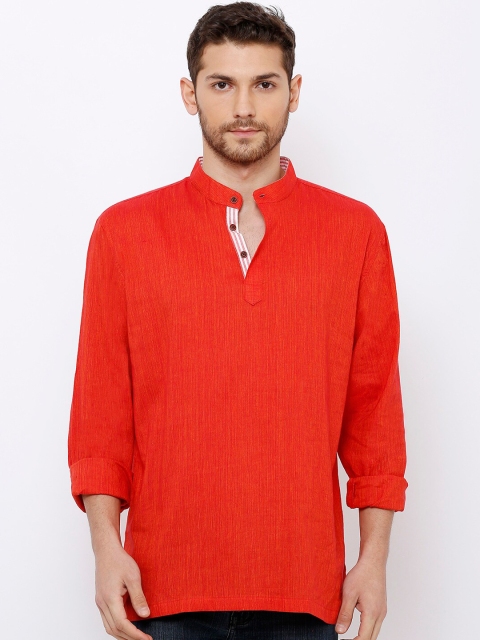 

SALWAR STUDIO Men Coral Orange Solid Straight Handloom Kurta