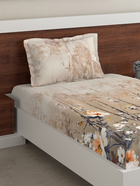 

DDecor Cream-Coloured & Brown Floral 140 TC Cotton 1 Single Bedsheet with 1 Pillow Covers