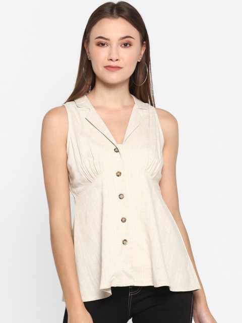

FOSH Women Cream-Coloured Solid Shirt Style Top