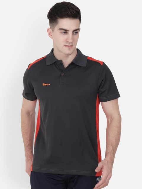 VEGA Men Charcoal Grey & Red Colourblocked Polo Collar T-shirt