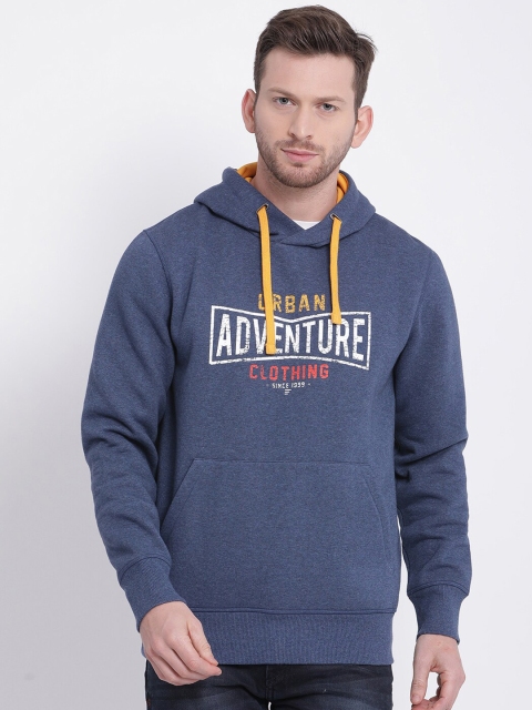 

t-base Men Blue & White Printed Hooded Sweatshirt