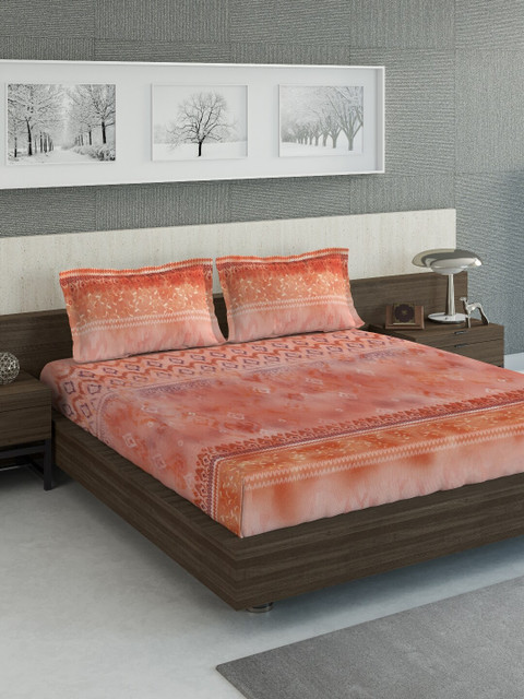 

DDecor Orange Ethnic Motifs 140 TC Cotton 1 Queen Bedsheet with 2 Pillow Covers