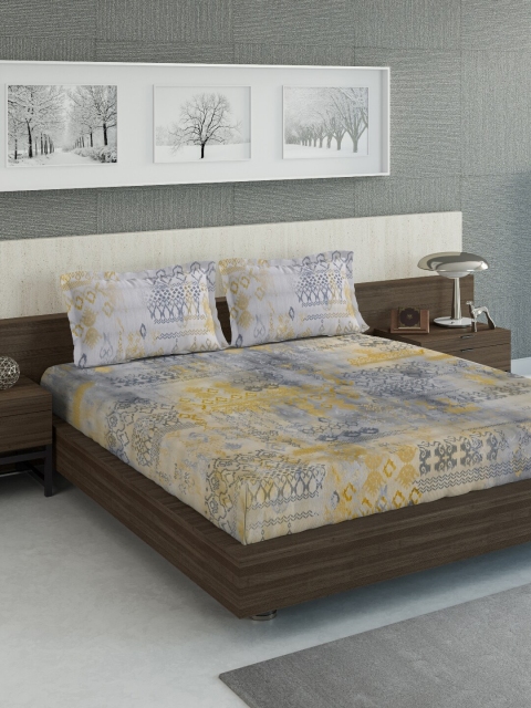 

DDecor Yellow & Blue Abstract 140 TC Cotton 1 Queen Bedsheet with 2 Pillow Covers