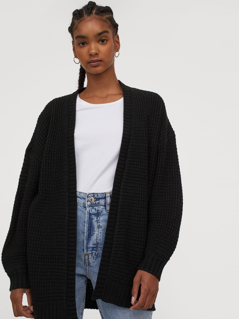 

H&M Women Black Solid Textured-Knit Cardigan
