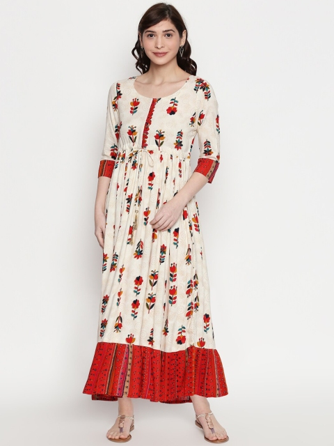 

ZRI Women Off-White & Red Floral Print Maxi Dress