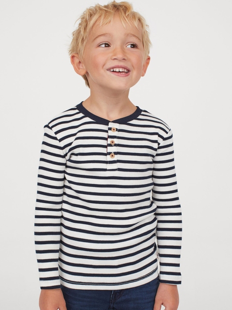 

H&M Boys White & Navy Blue Ribbed Cotton Henley Top