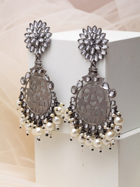 

PANASH Silver-Toned Crescent Shaped Rhodium-Plated Kundan Handcrafted Drop Earrings