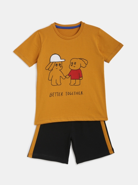 

KIDSCRAFT Boys Mustard Yellow & Black Printed T-shirt with Shorts
