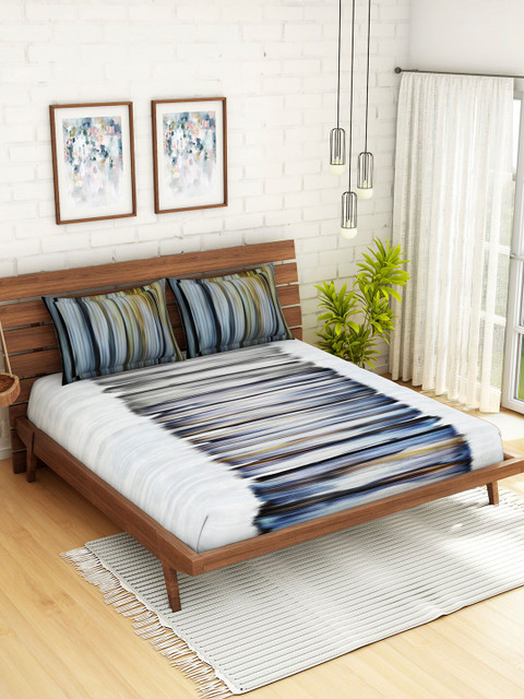 

SPACES Grey & White Abstract 210 TC Cotton 1 Queen Bedsheet with 2 Pillow Covers
