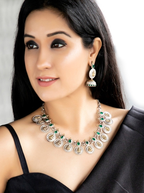 

Rubans Oxidised Silver-Plated Gold-Toned & Green Faux Emerald-Studded Handcrafted Jewellery Set