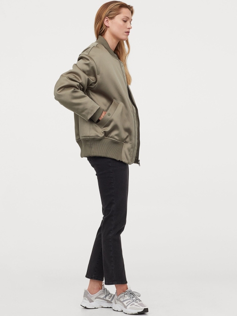 

H&M Women Olive Green Solid Bomber Jacket