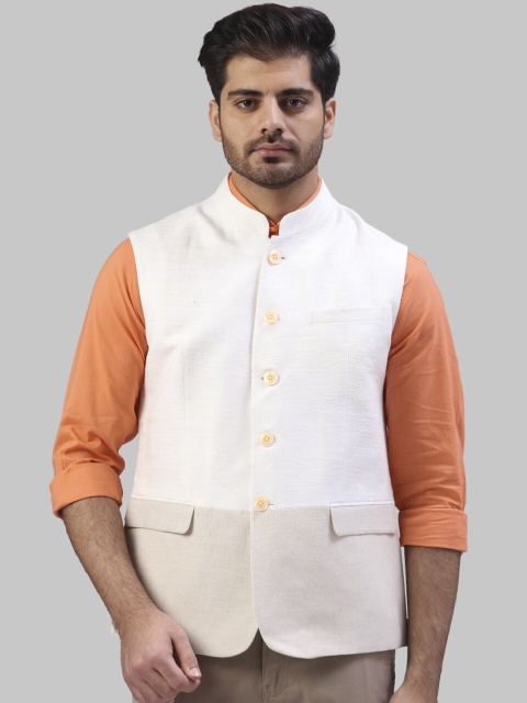 

Raymond The Story Re-Spun Men White & Beige Colourblocked Woven Nehru Jacket
