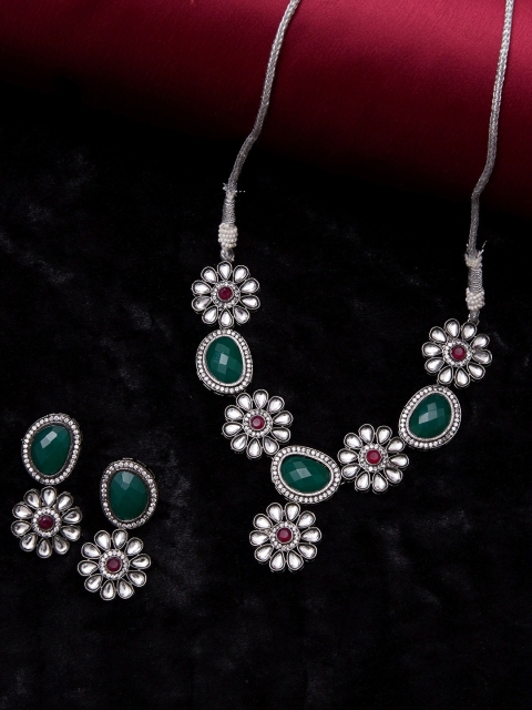 

GloBox By ZeroKaata Silver-Plated Green & Red Gemstone & Kundan-Studded Handcrafted Jewellery Set
