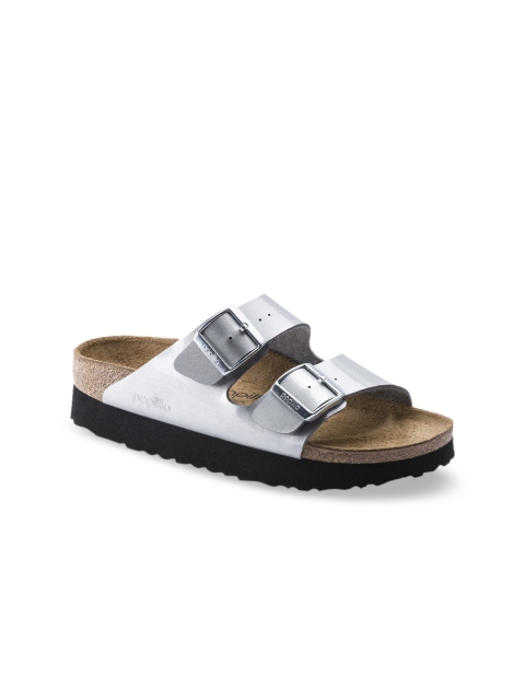 

Birkenstock Women Metallic Silver Arizona Platform Narrow Width Open Toe Flats