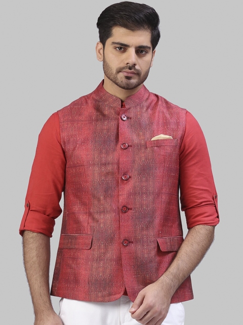 

Raymond The Story Re-Spun Men Maroon Printed Pure Silk Nehru Jacket