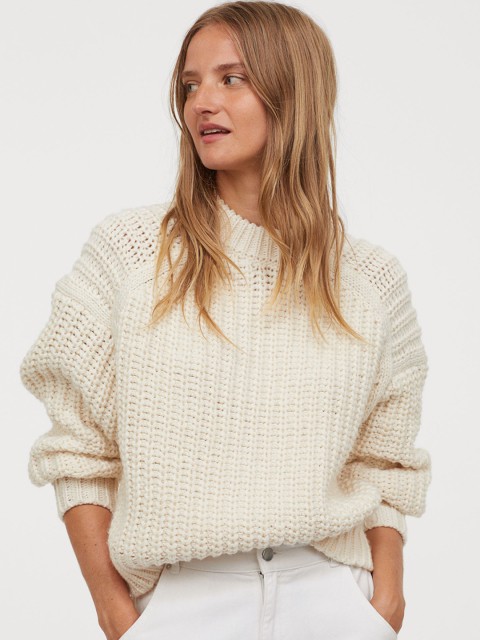 

H&M Women Off-White Solid Knitted Jumper