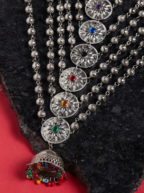 

GloBox By ZeroKaata Silver-Toned Silver Plated Oxidised Layered Statement Necklace