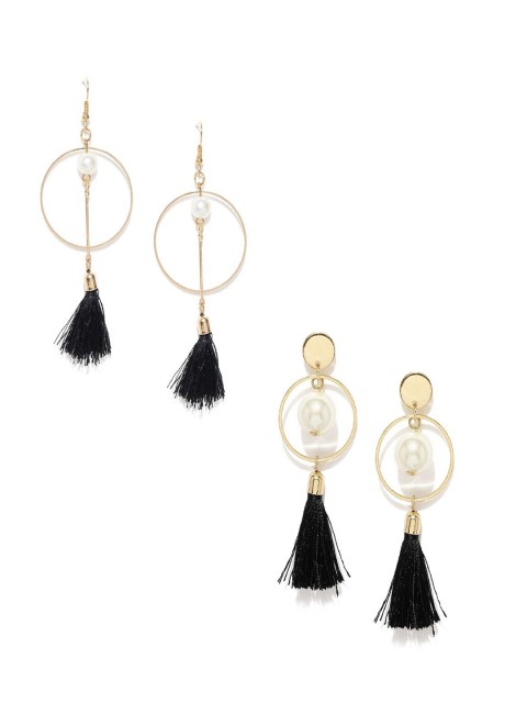 

OOMPH Black & Gold Set of 2 Circular Drop Earrings with Tassels