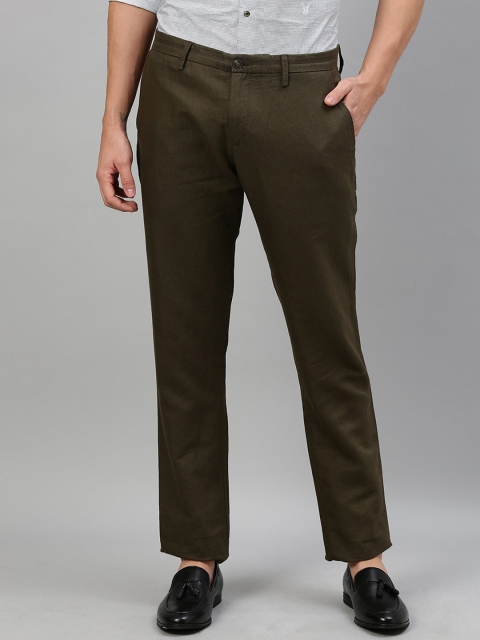 

RARE RABBIT Men Olive Green Regular Fit Solid Linen Trousers