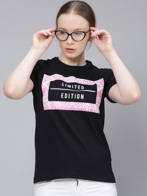 

DILLINGER Women Black Typography Pure Cotton Printed Pure Cotton T-shirt