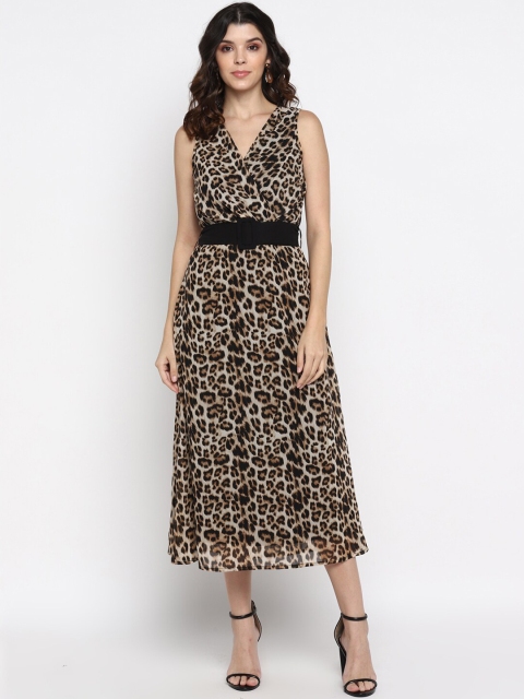 

MIAMINX Women Brown Printed Belted Midi Fit and Flare Dress
