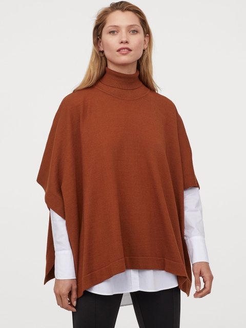 

H&M Women Brown Fine Knit Polo Neck Poncho