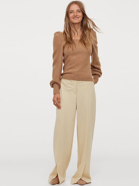 H&M Women Beige Solid Puff-Sleeved Jumper