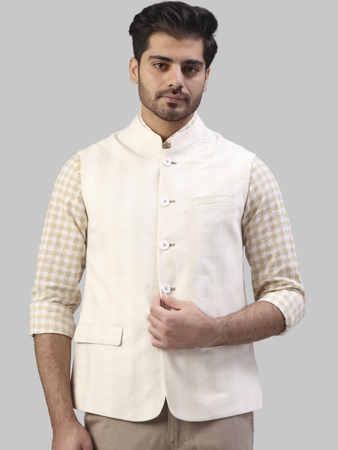 

Raymond The Story Re-Spun Men Off White Solid Woven Nehru Jacket