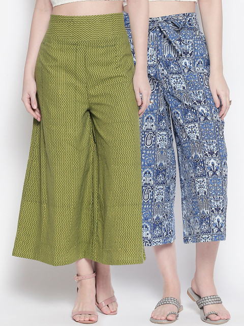 

Desi Weavess Women Pack Of 2 Blue & Green Regular Fit Printed Culottes