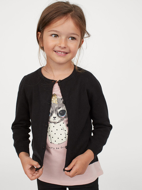 

H&M Girls Black Solid Fine-Knit Cotton Cardigan