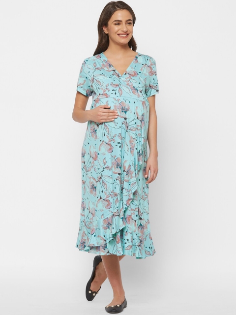 

Mystere Paris Women Blue Floral Printed Fit and Flare Maternity Overlap Dress