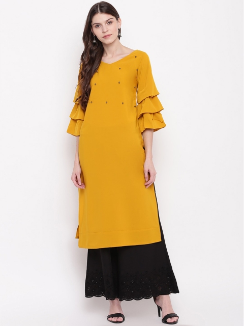 

Napra Women Mustard Yellow Solid Beaded Straight Kurta